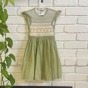 Celeste Hand-sewn Green Smocked Dress with delicate yellow floral accents Size 3
